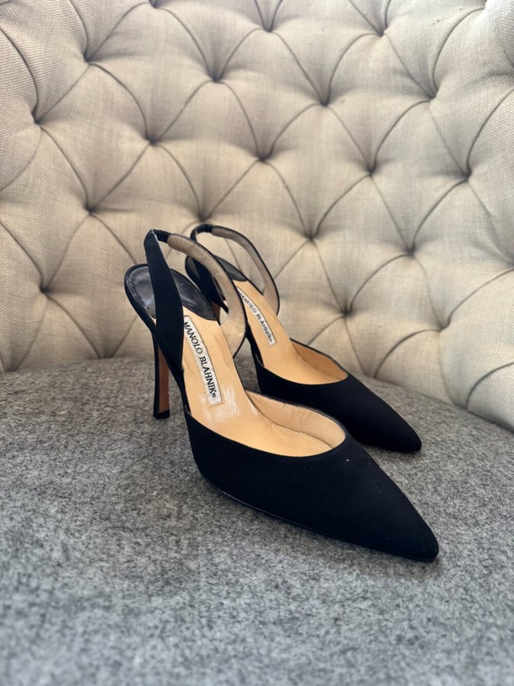 Manolo Blahnik Carolyne Black Matte Satin Slingback Pumps